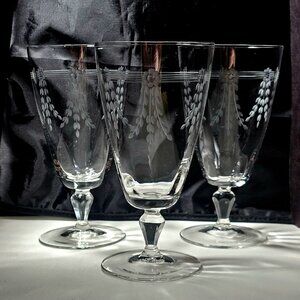 3 Art Deco Kusak Ice Tea Glasses 6.5" handcut flowers lines cut glass handblown